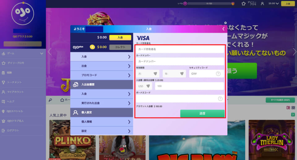 ②カード情報と利用している通貨、希望入金額とボーナスコード（任意）を入力して「送信」をクリックすることで入金が完了します。