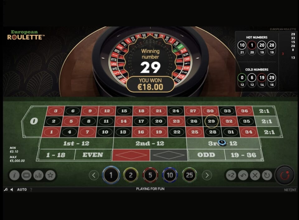 配当18ドル引くベット額6ドルで、12ドル獲得したので累計収支は「＋25ドル」