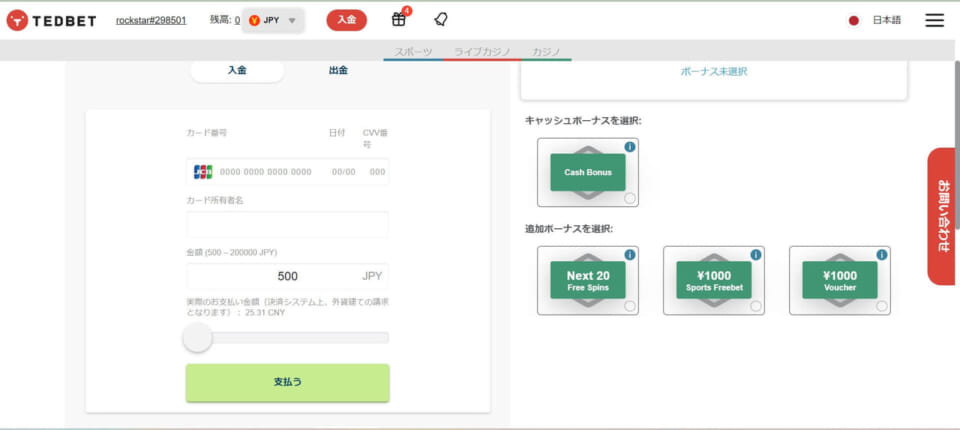 クレジットカードの場合は、カード情報と入金額を入力し、「支払う」を選択するだけで入金完了です!